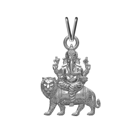 Silver Deva Ganesha Sitting On Lion Siver Pendant