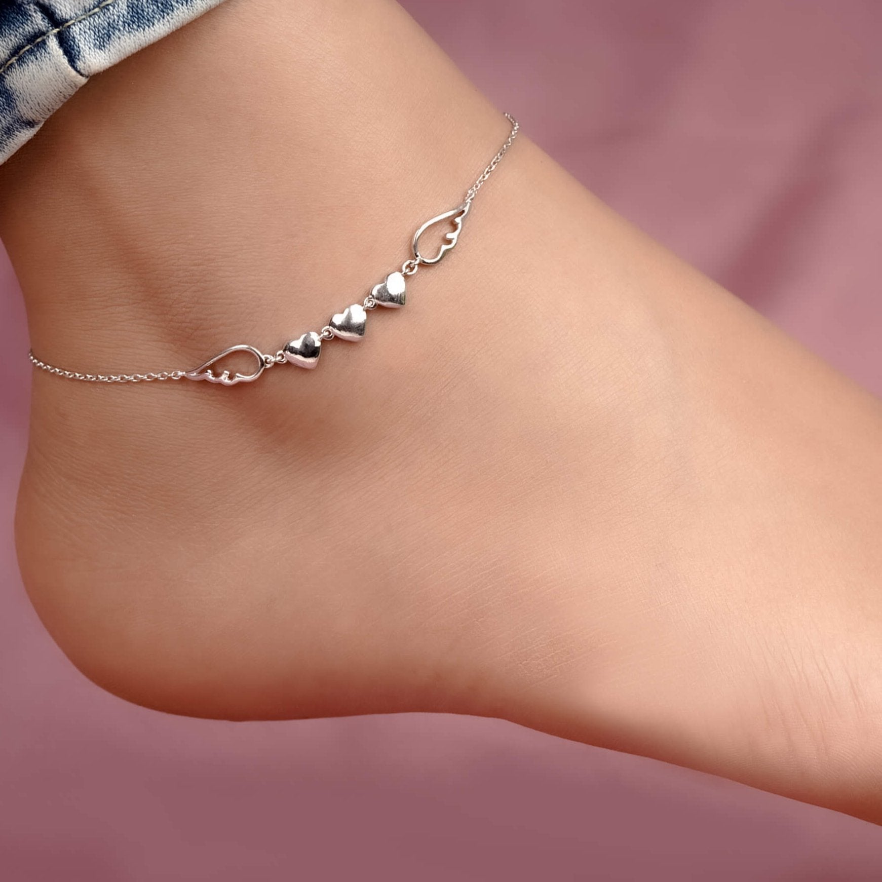 Silver Triplet Heart Wings Anklet - Main Image