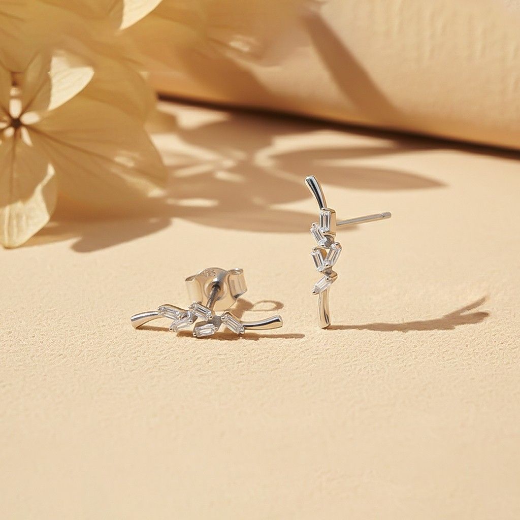 Silver Zircon Bold Baguette Stud Earrings
