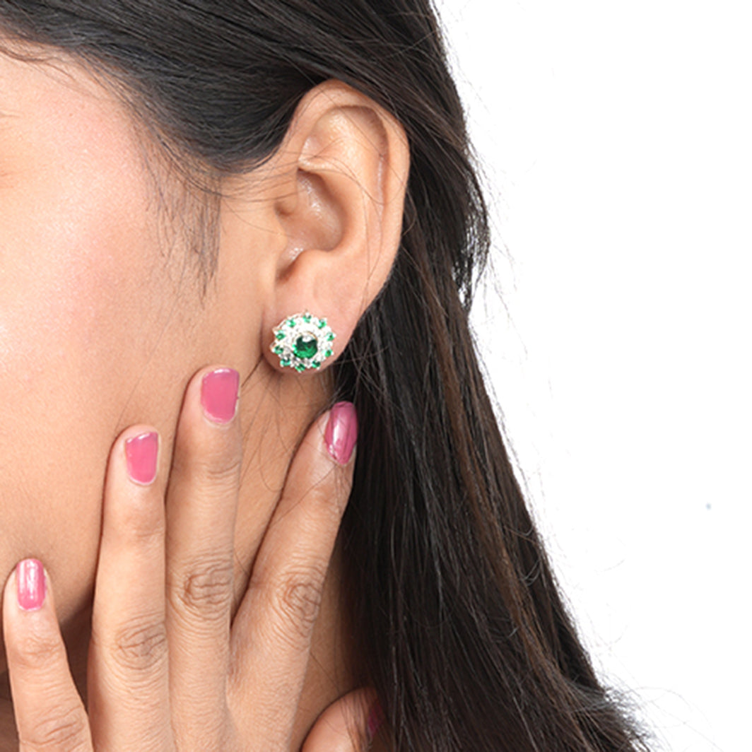 Silver Cluster Green Circle Studs