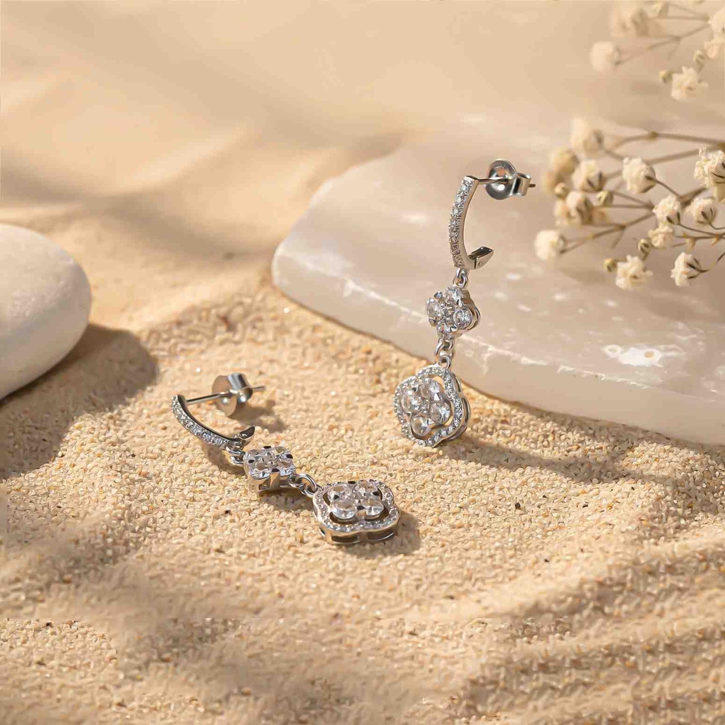 Silver Floral Clover CZ Studded Earrings