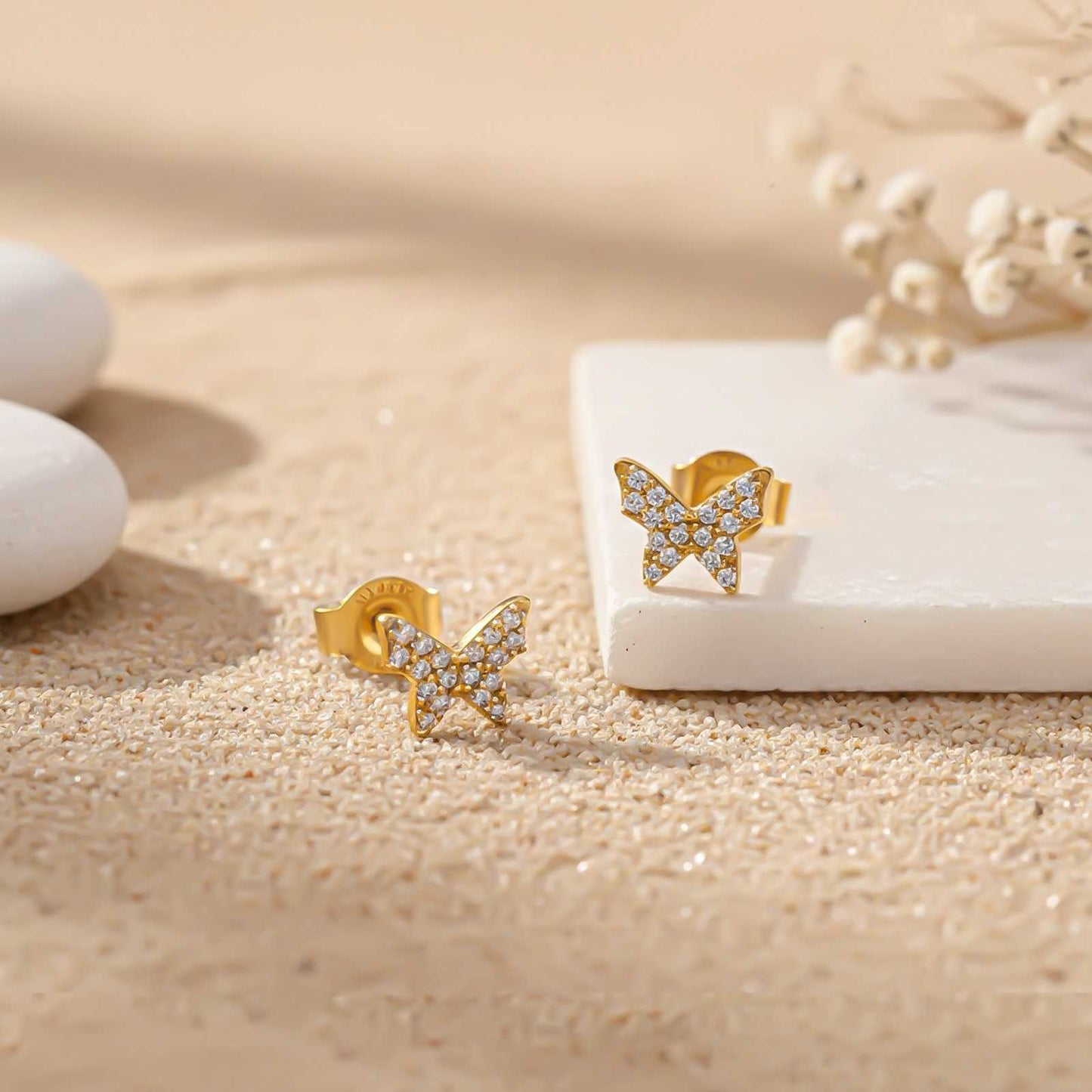 Golden Butterfly Cubic Zirconia Stud Earrings