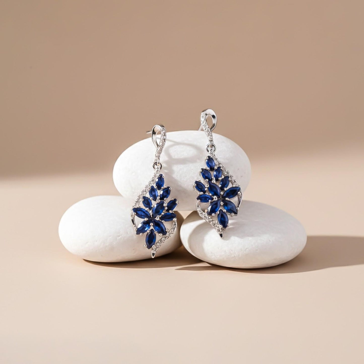 Silver Sapphire Flower Swirl Drop Earrings