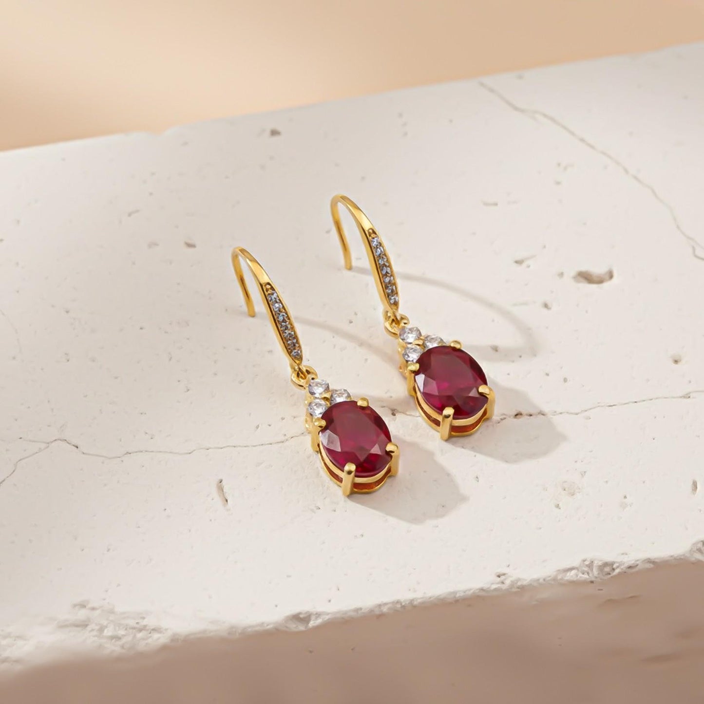 Silver Ruby Oval Drop CZ Earrings for Women