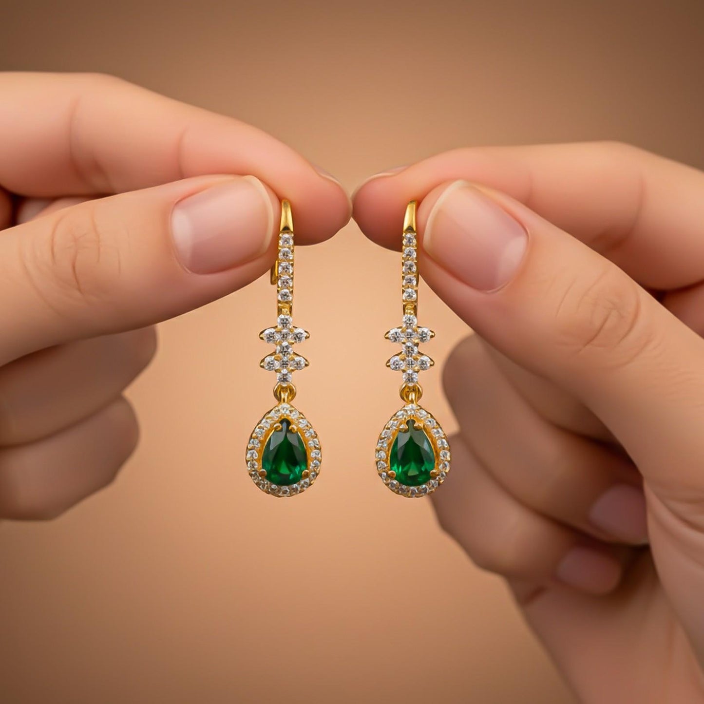 Silver Emerald Teardrop Star Dangle Earrings