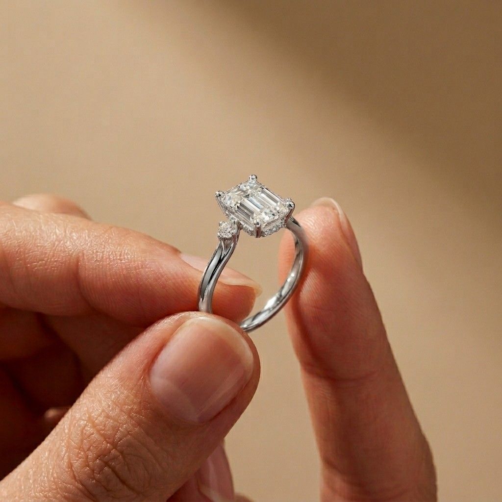 2.23Ct Moissanite Emerald Cut Three Stone Ring