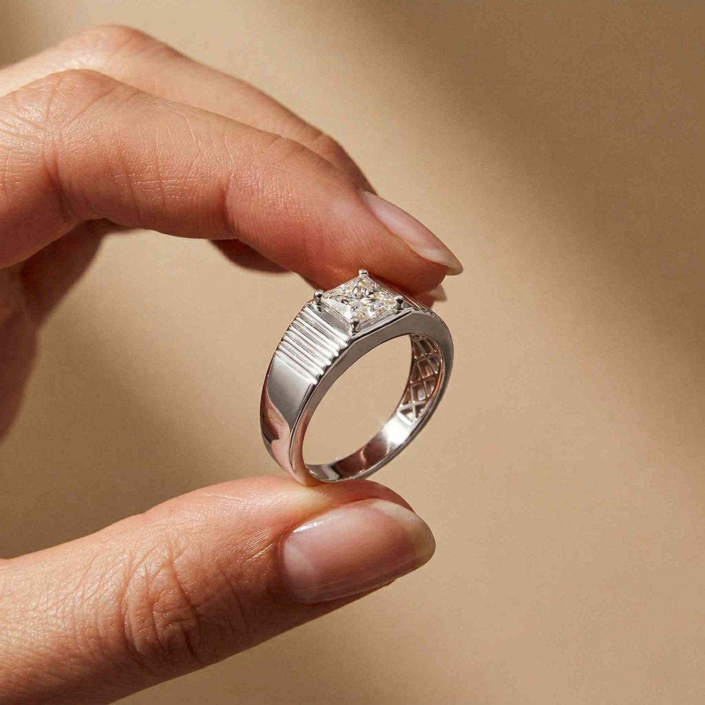 0.78Ct Moissanite Princess Textured Ring For Men's