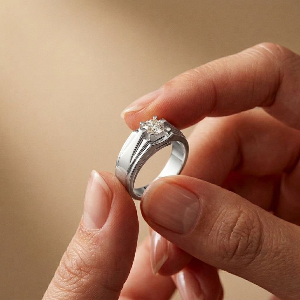 0.75Ct Moissanite Angular Groove Ring For Men's
