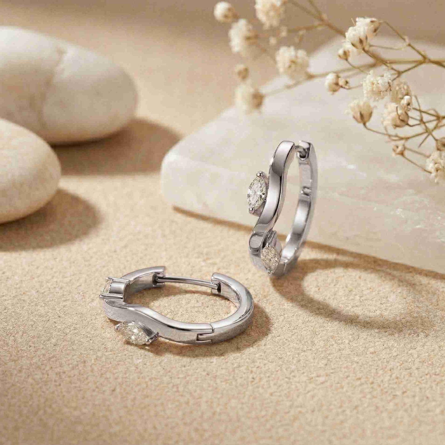 0.25Ct Moissanite Wave Curve Marquise Hoop Earrings