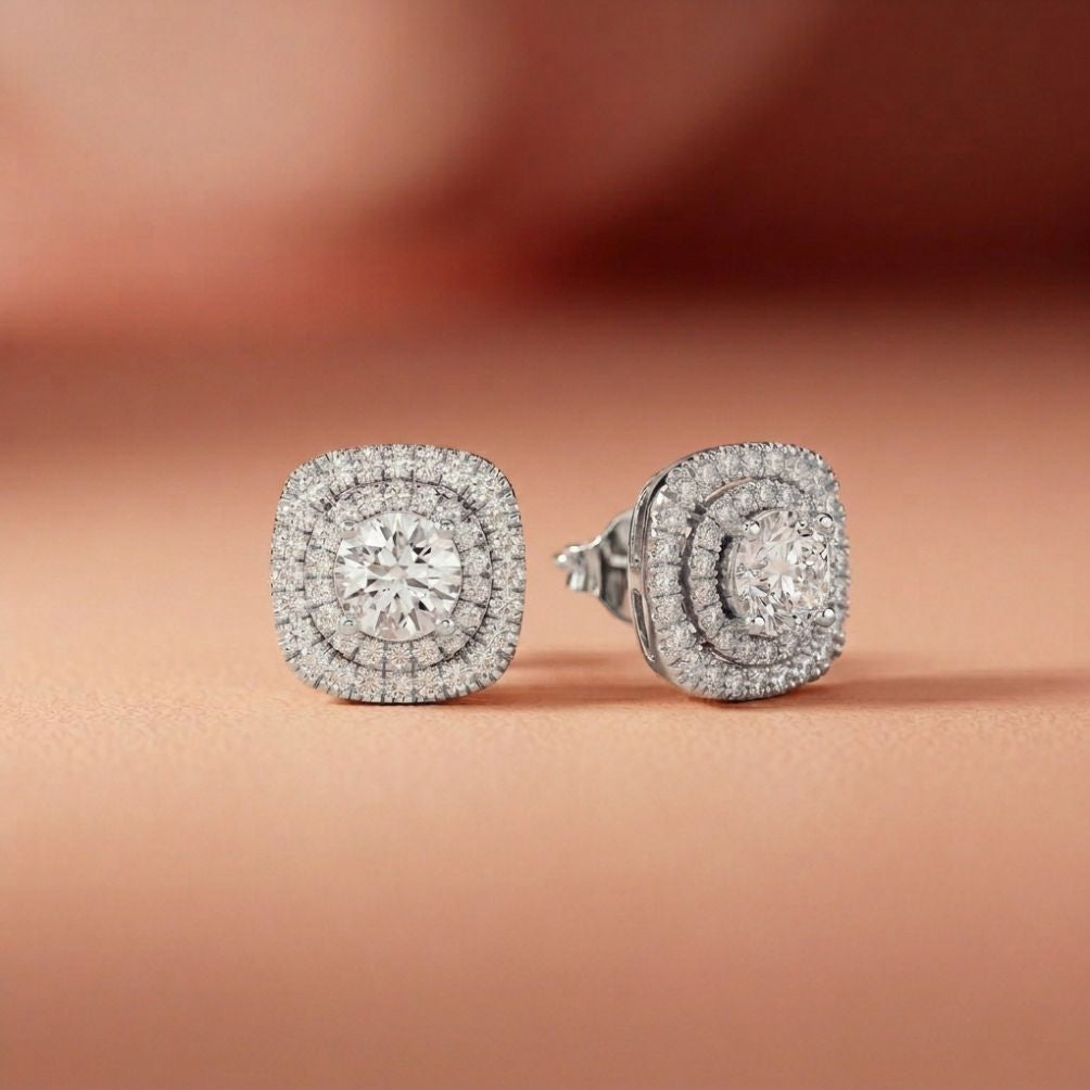 3.89Ct Moissanite Double Halo Cushion Stud Earrings