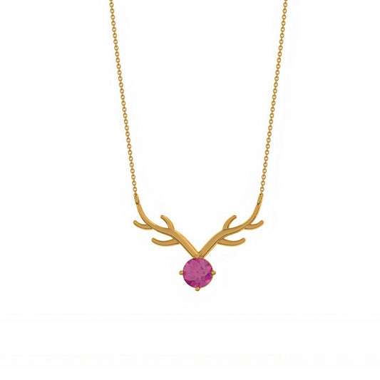Golden Deer Theme Round Pink Sapphire Necklace