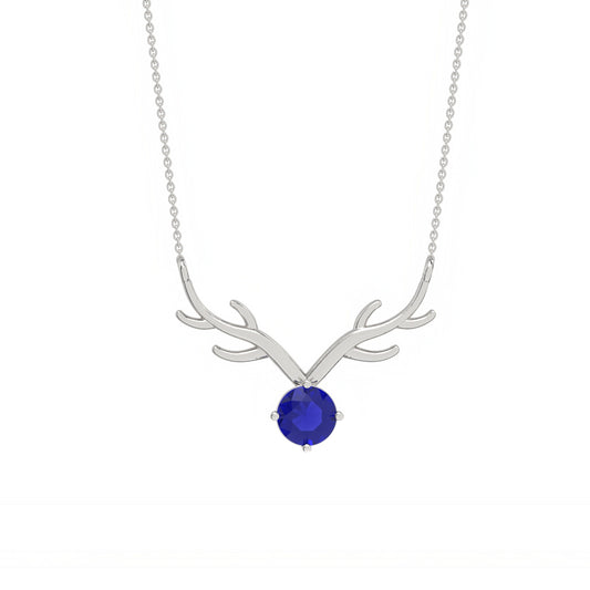 Silver Deer Theme Round Blue Sapphire Necklace