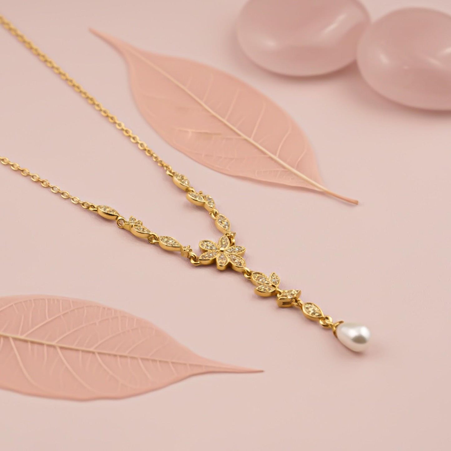 Silver Floral Pearl Drop Necklace