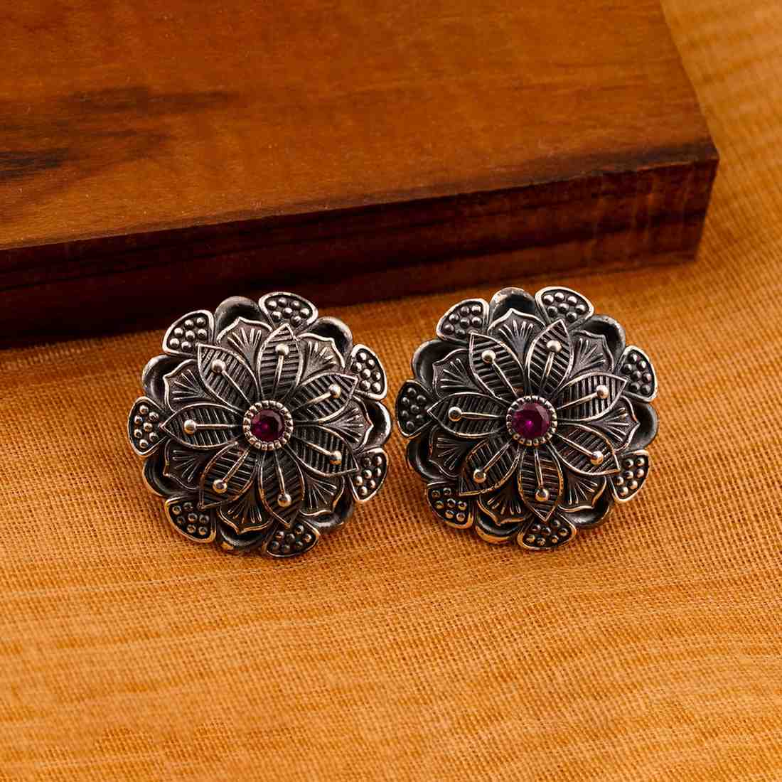 Oxidized SilverEarrings/Oxidized Silver Floral Ruby Ethnic Vintage Stud Earrings