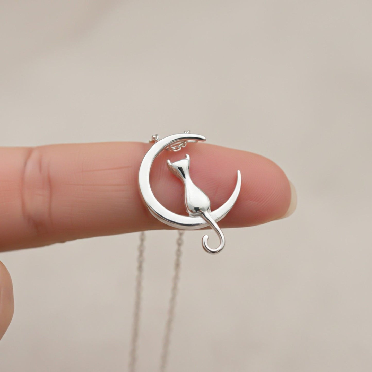Silver Dreamy Moon Cat Pendant
