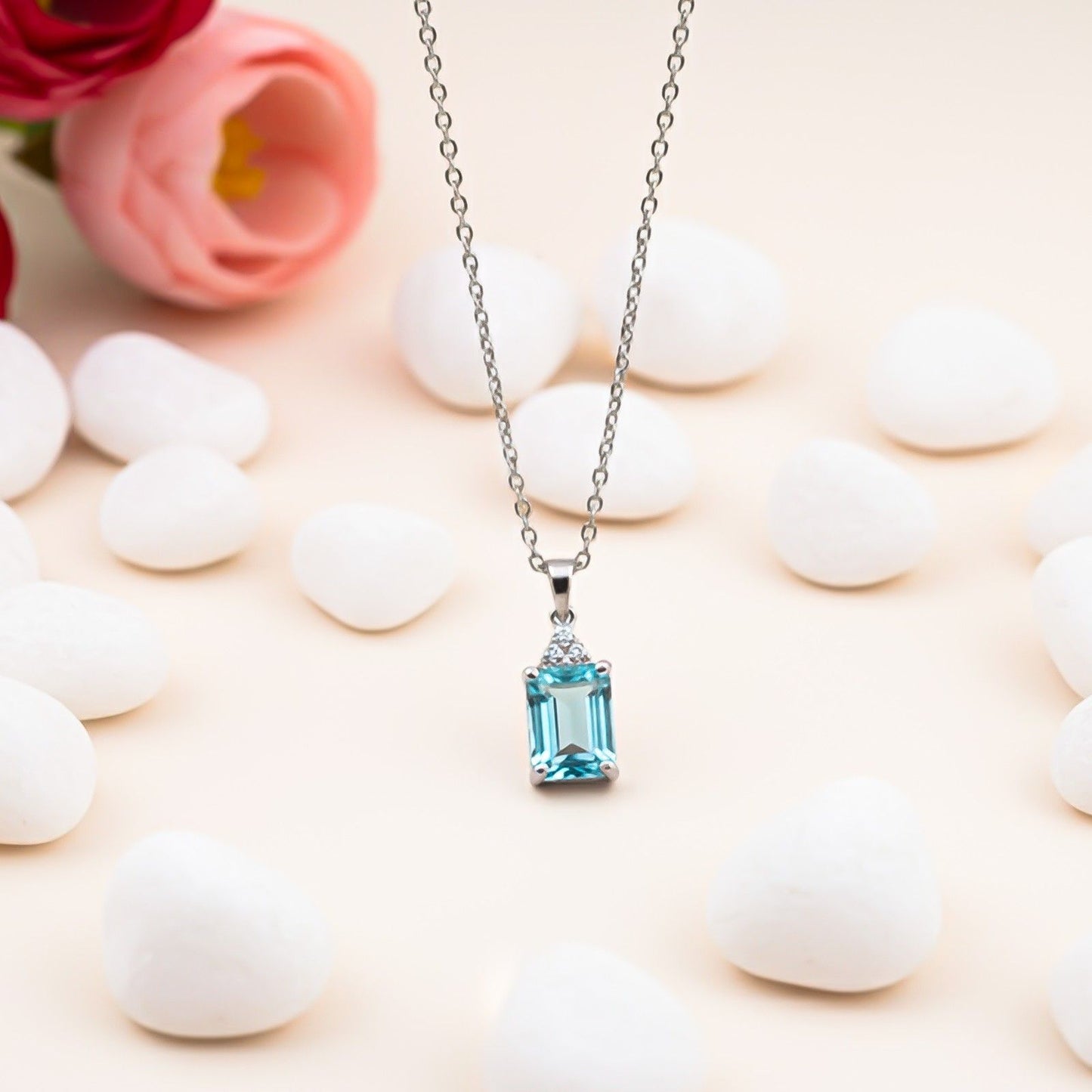 Silver Blue Topaz Emerald Cut Pendant