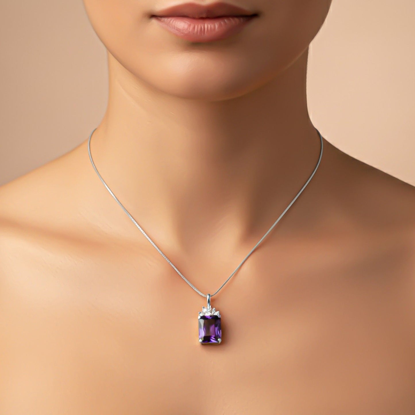 Silver Purple Amethyst Rectangle Pendant