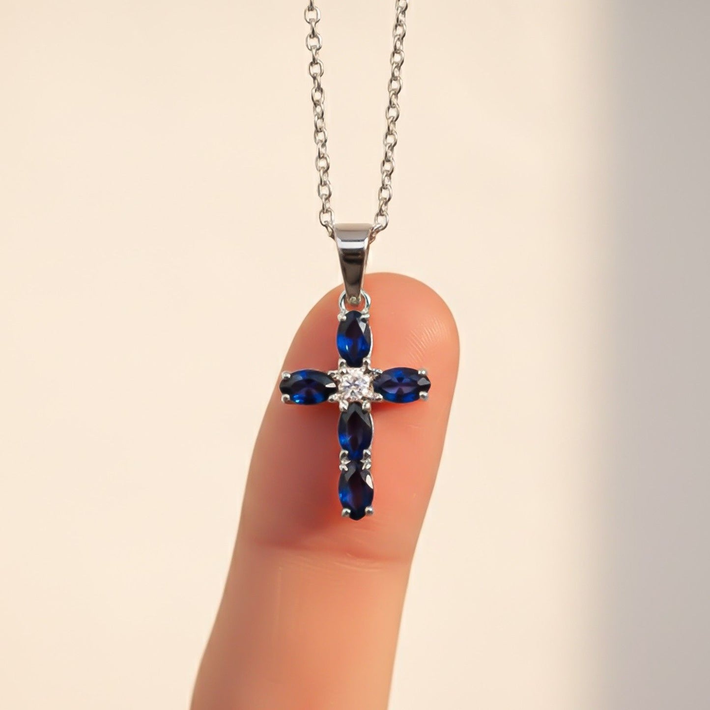 Silver Blue Sapphire Cross Pendant