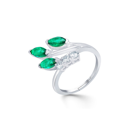 Silver Green Emerald Leaf Design Ring