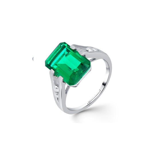 Silver Green Emerald Solitaire Silver Ring
