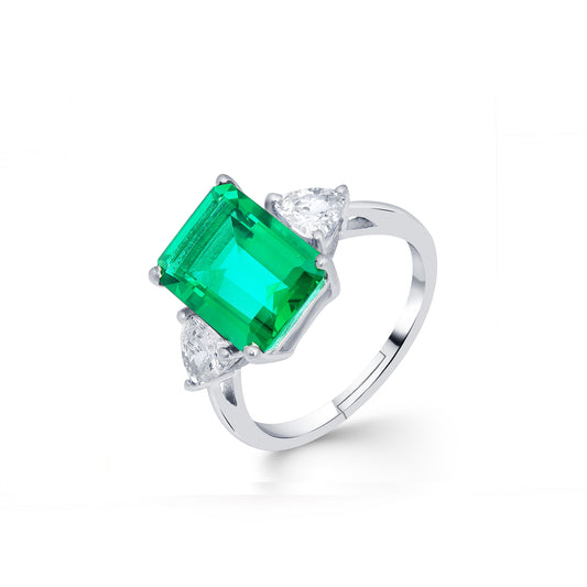 Silver Green Emerald Three Stone Ring