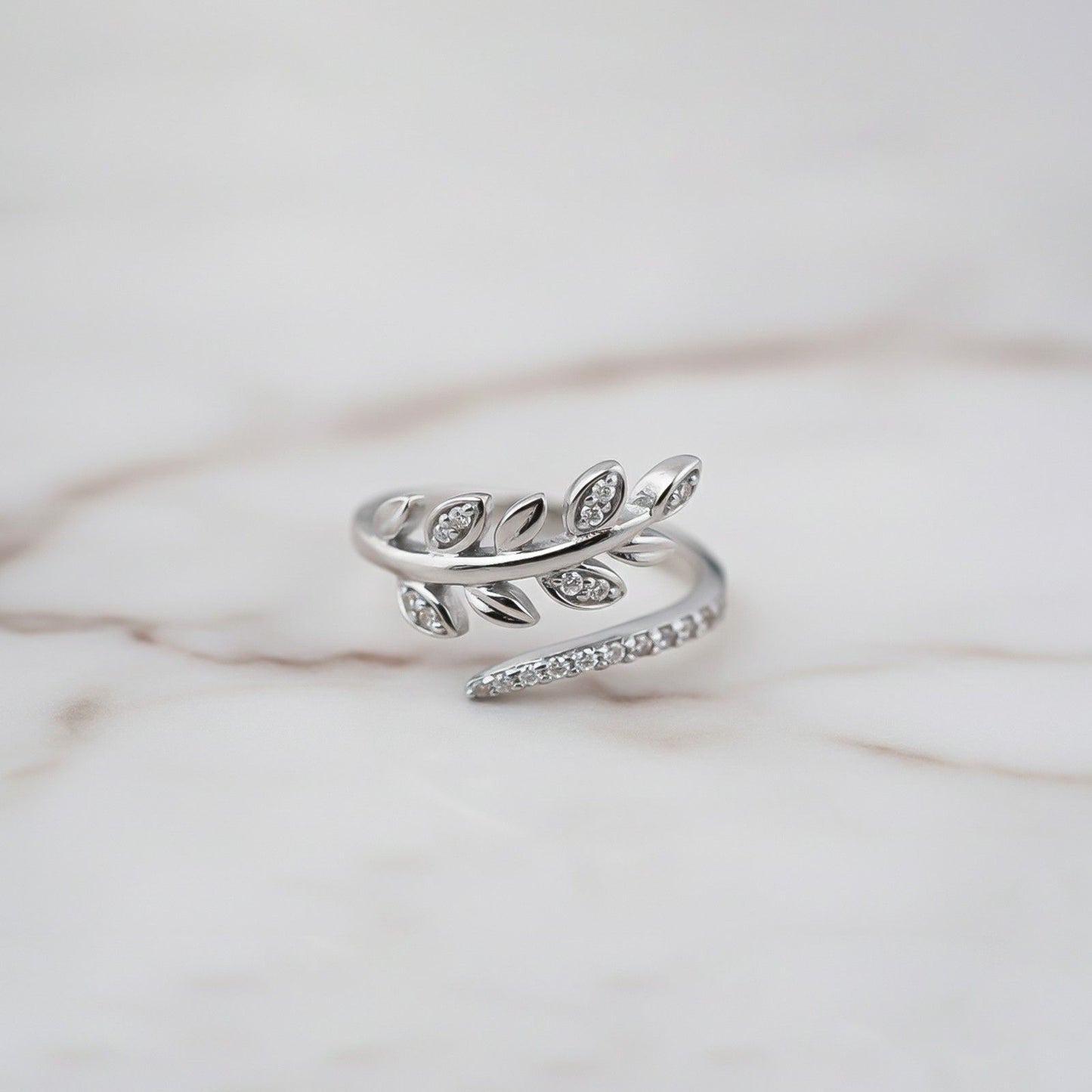 Silver Zircon Leaf Ring