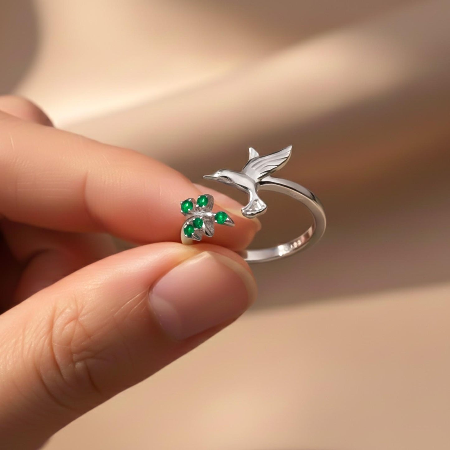 Silver Emerald Bird Ring For Women