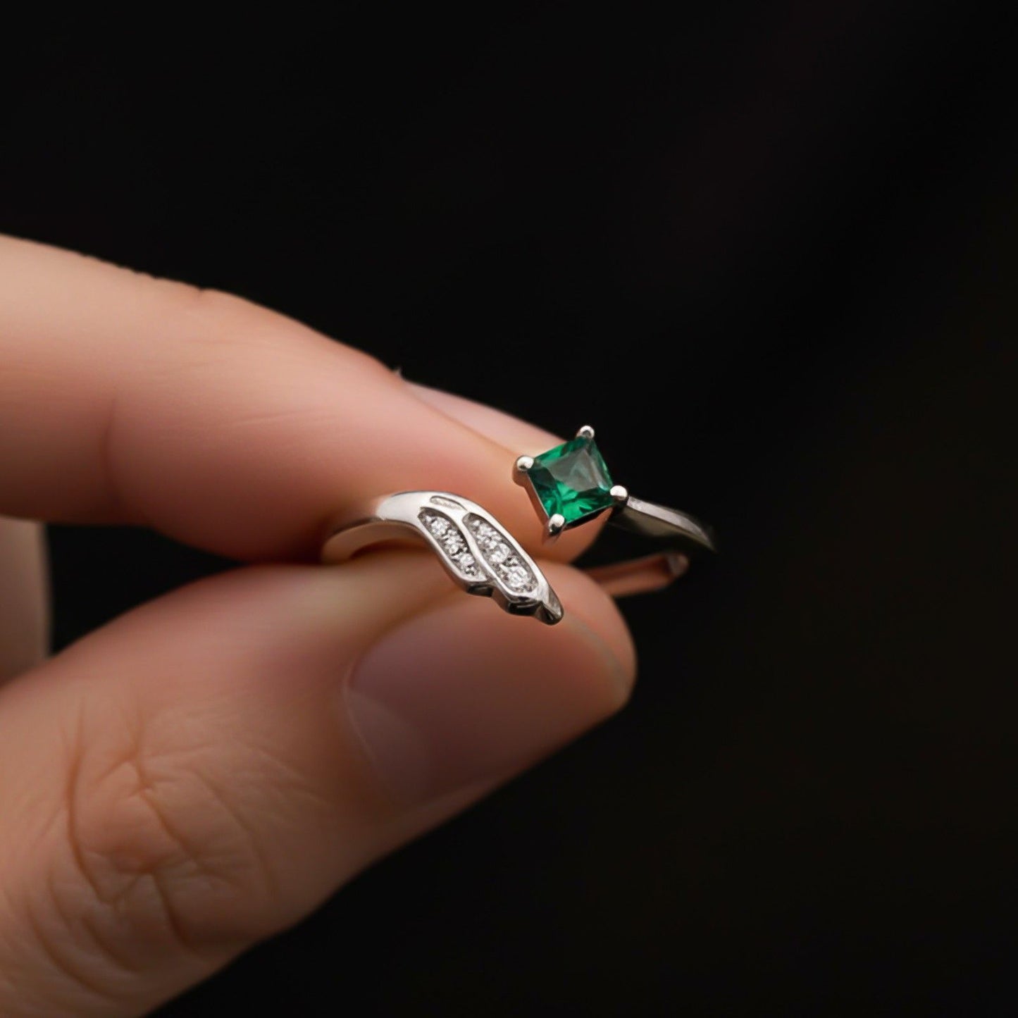 Silver Green Artistic Wings Ring