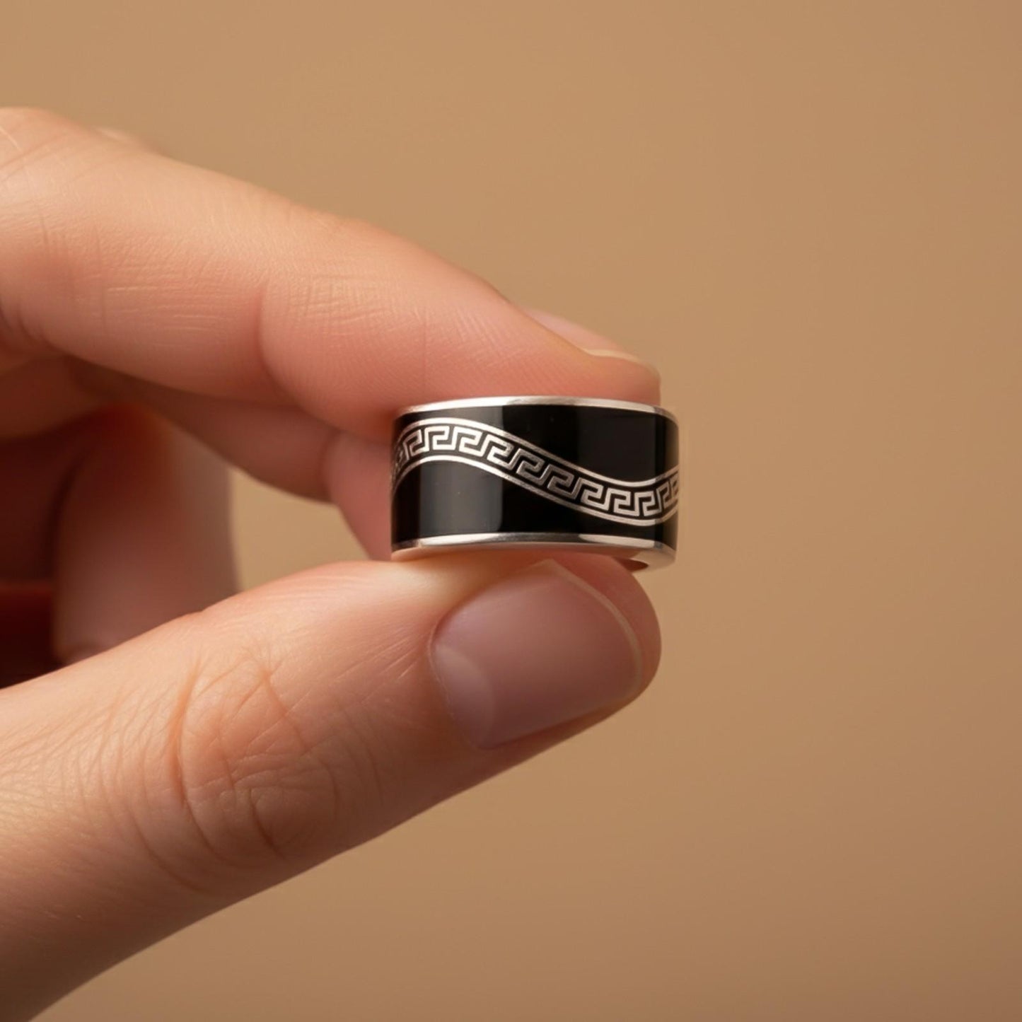 Silver Enamel Greek Key Pattern Ring