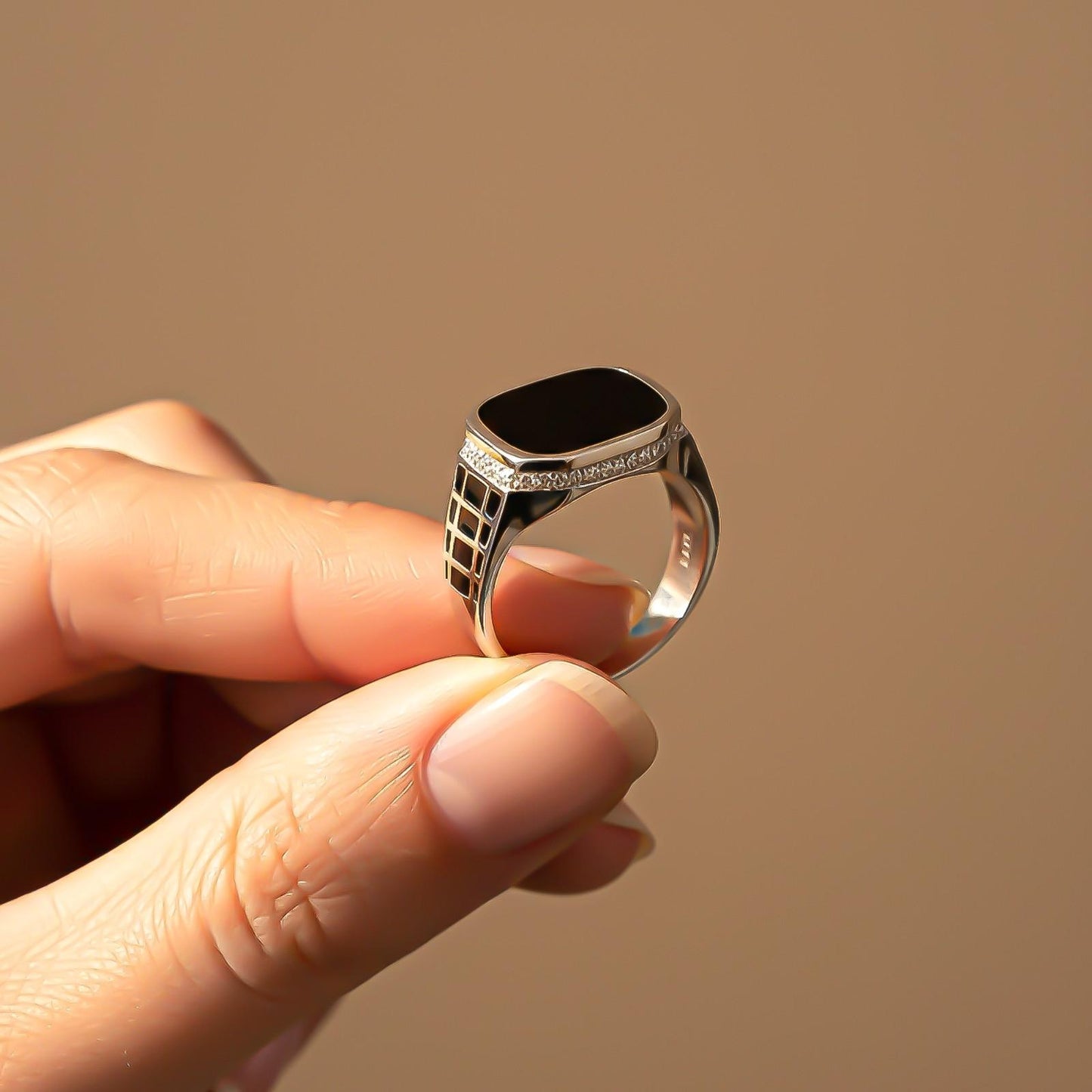 Silver Black Style Signet CZ Border Ring