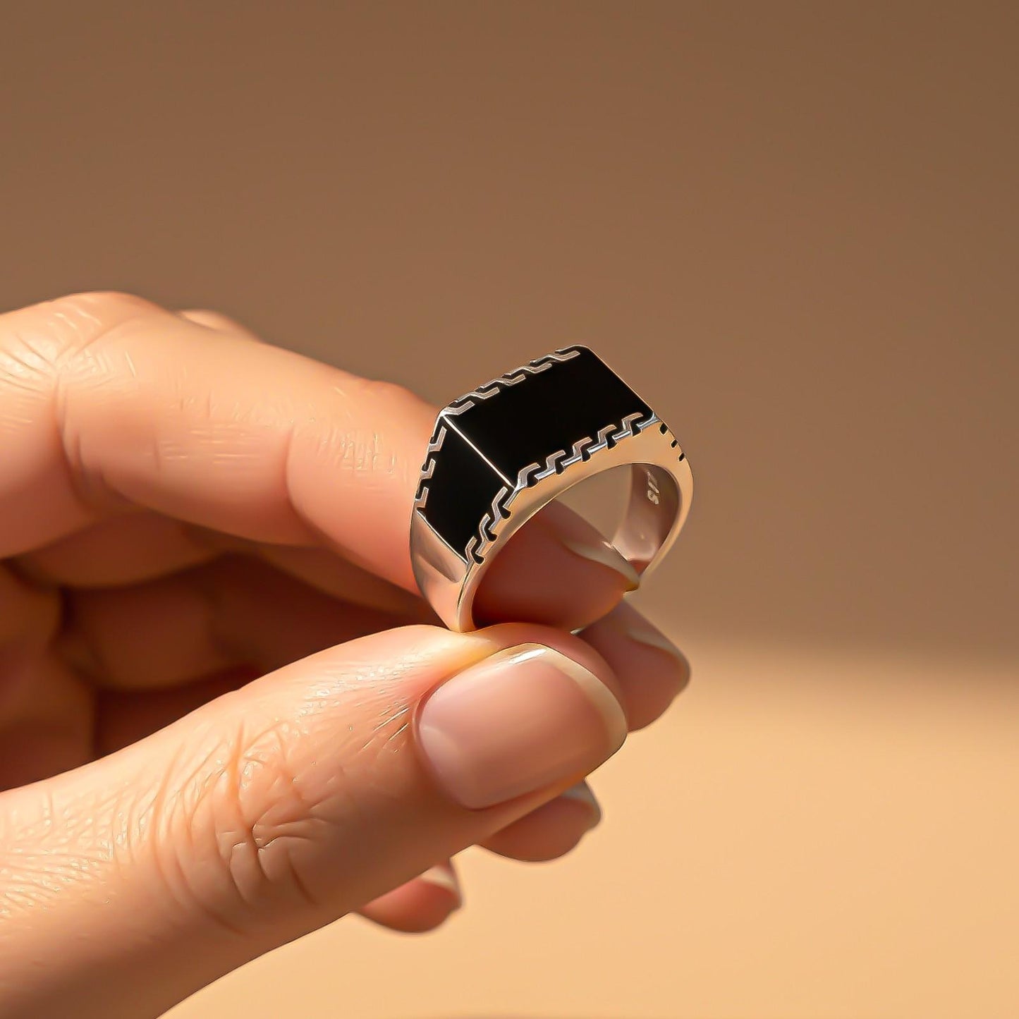 Silver Black Enamel Geometric Pattern Ring