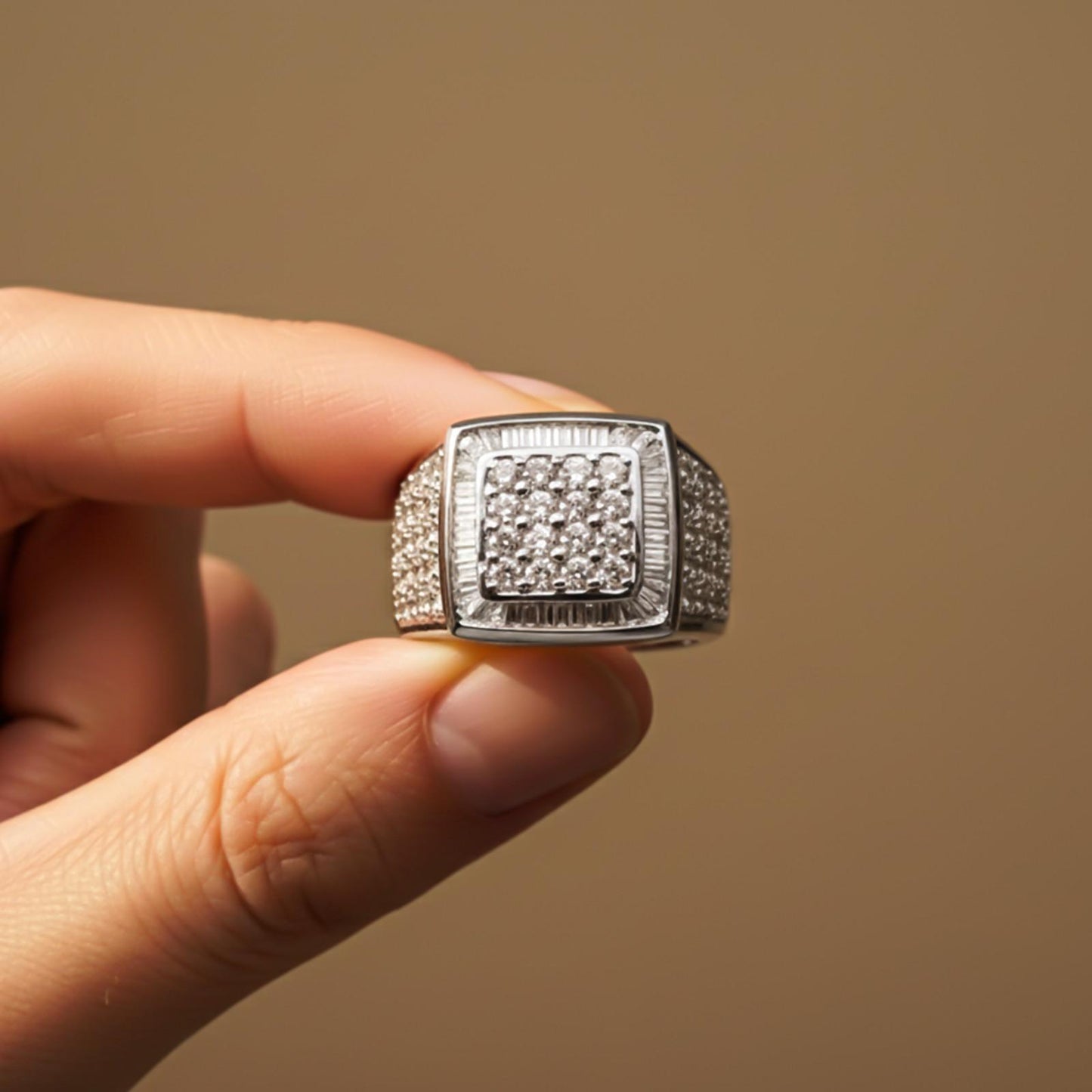 Silver Square Cluster Statement Ring for Men