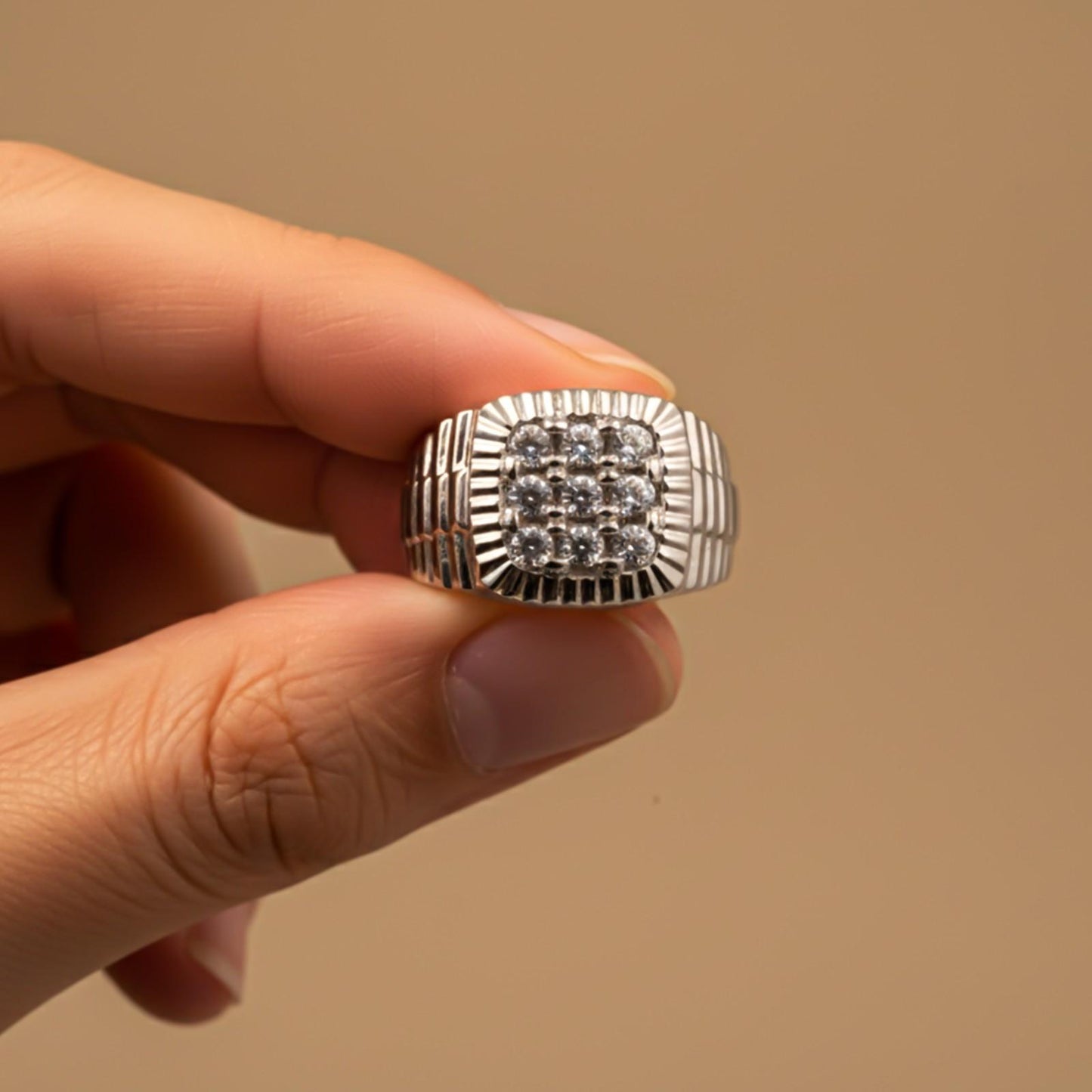 Silver Square Cluster Textured Signet Ring for Him