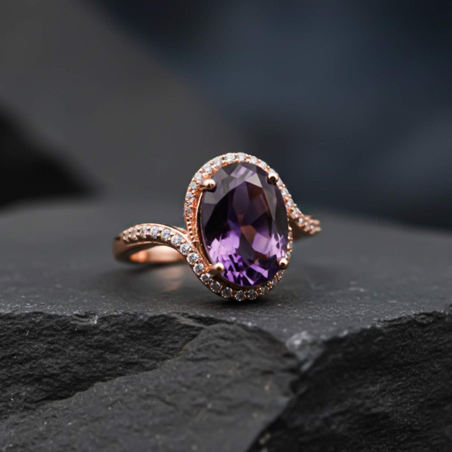 Silver Oval Amethyst Halo Ring for Women