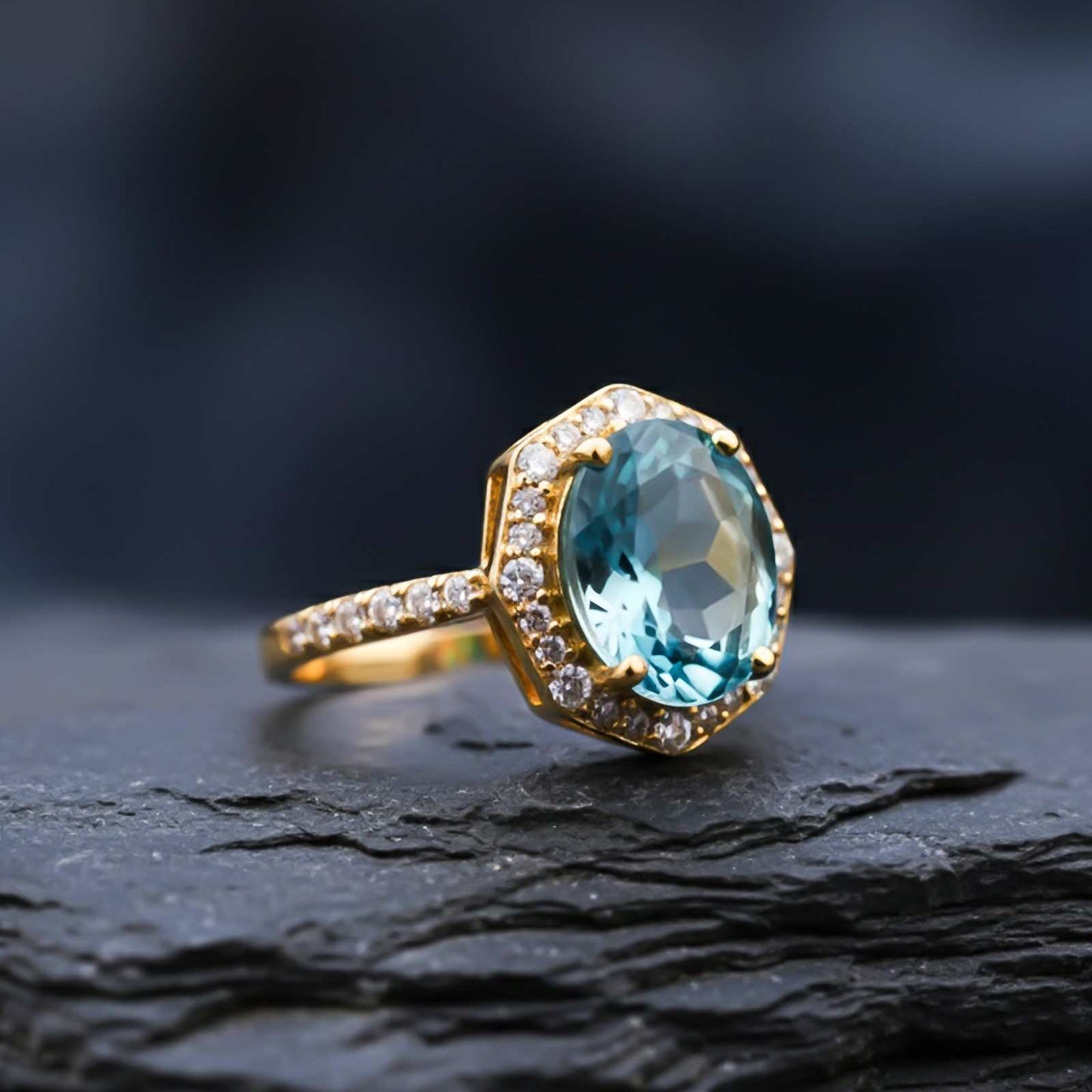 Silver Aquamarine Halo Statement Ring