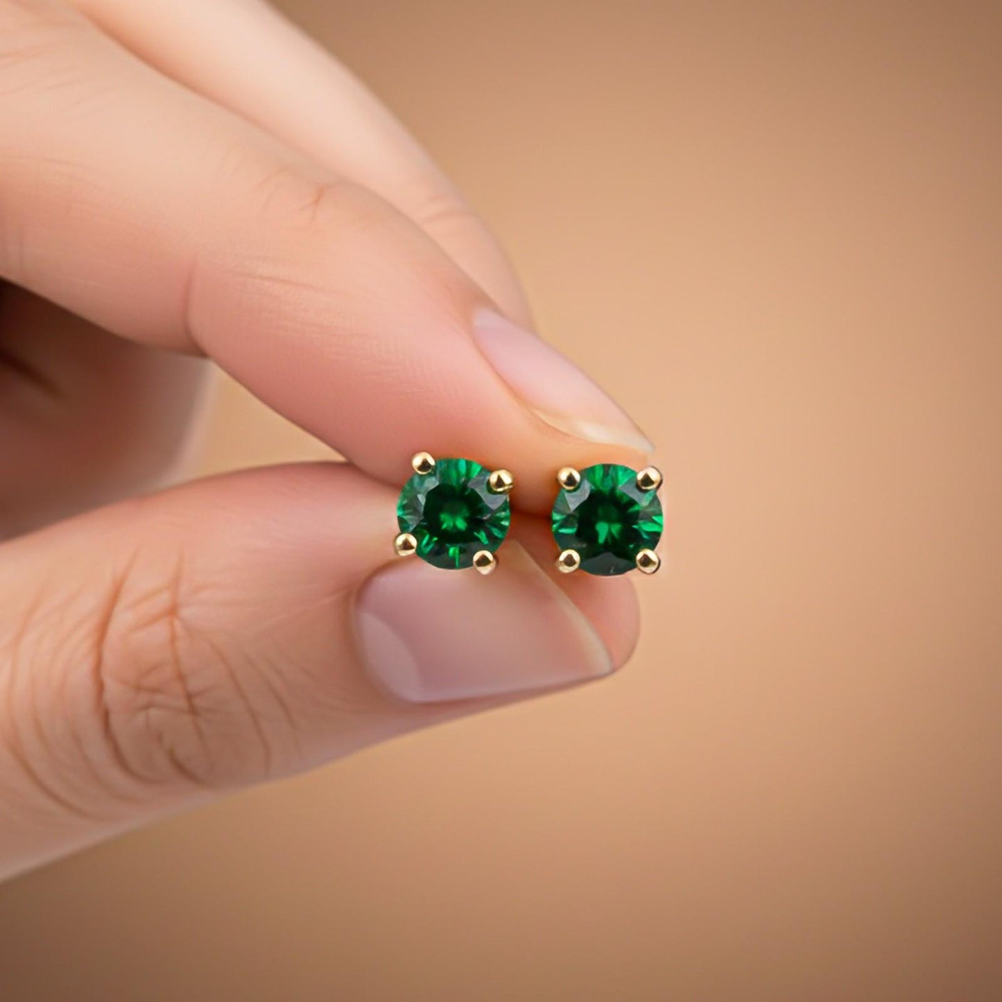 Silver Green Emerald Solitaire Studs Earring
