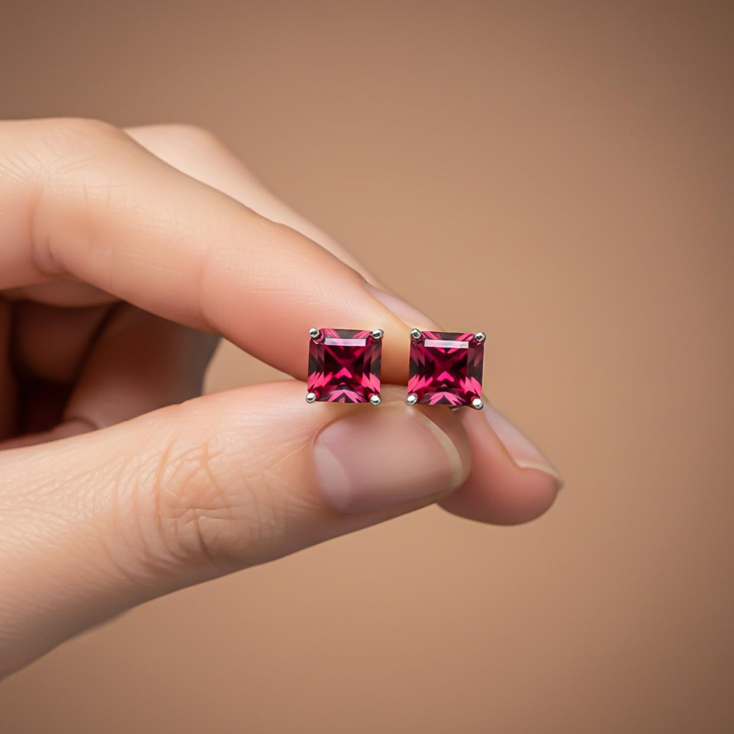 Silver Pink Ruby Solitaire Stud Earring