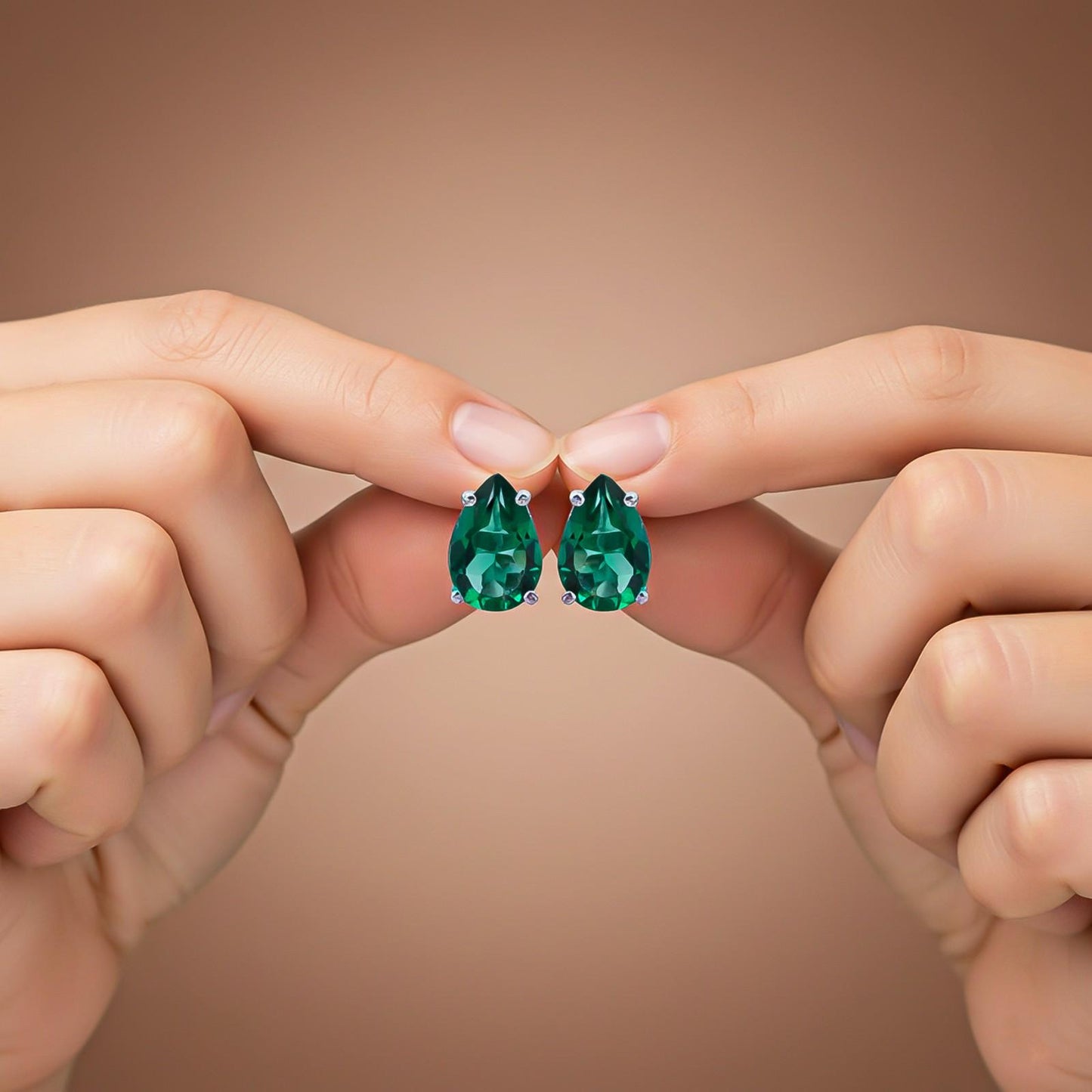 Silver Emerald Pear Shape Stud Earrings
