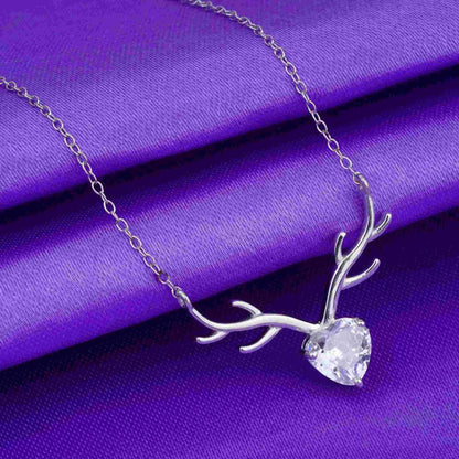 Silver Deer Theme Heart CZ Necklace
