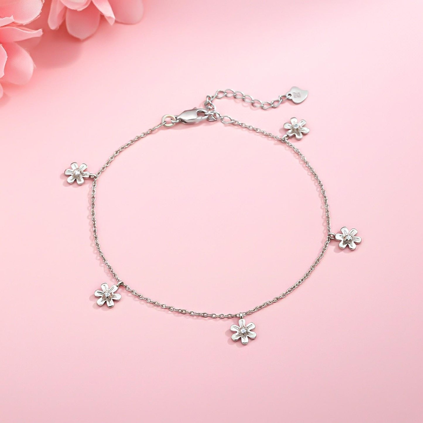 Silver Flowers Charm Anklet
