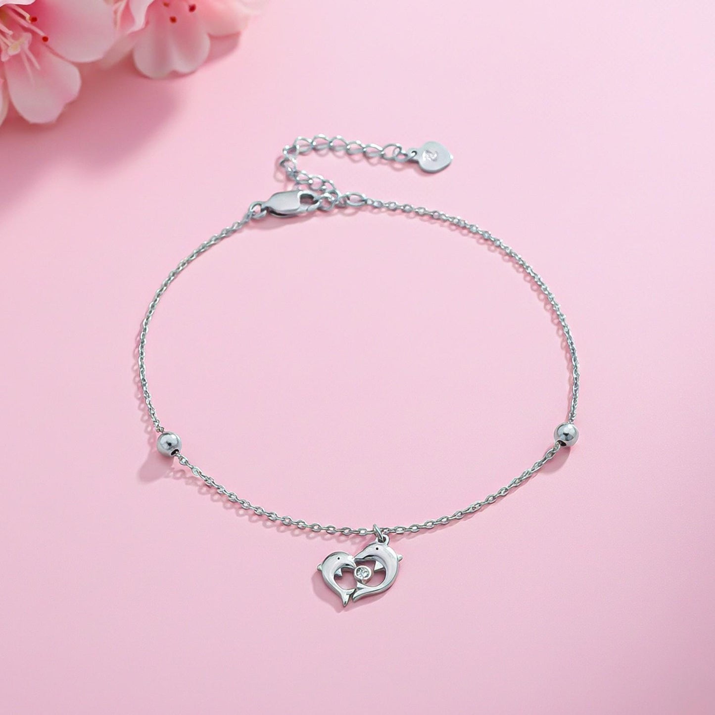 Silver Dolphin Heart Love Anklet