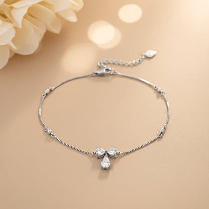 Silver Heart Teardrop Bow Anklet