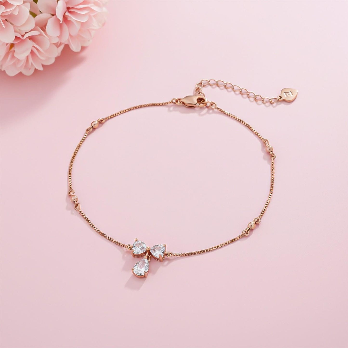 Rose Gold Heart Teardrop Bow Anklet