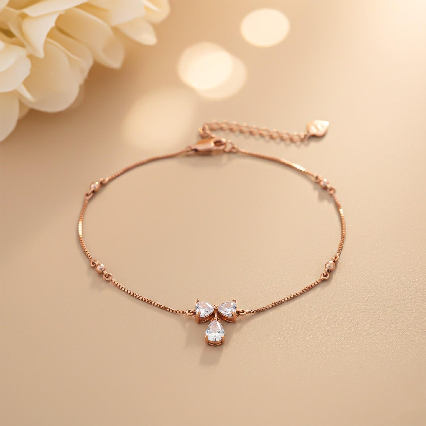 Rose Gold Heart Teardrop Bow Anklet