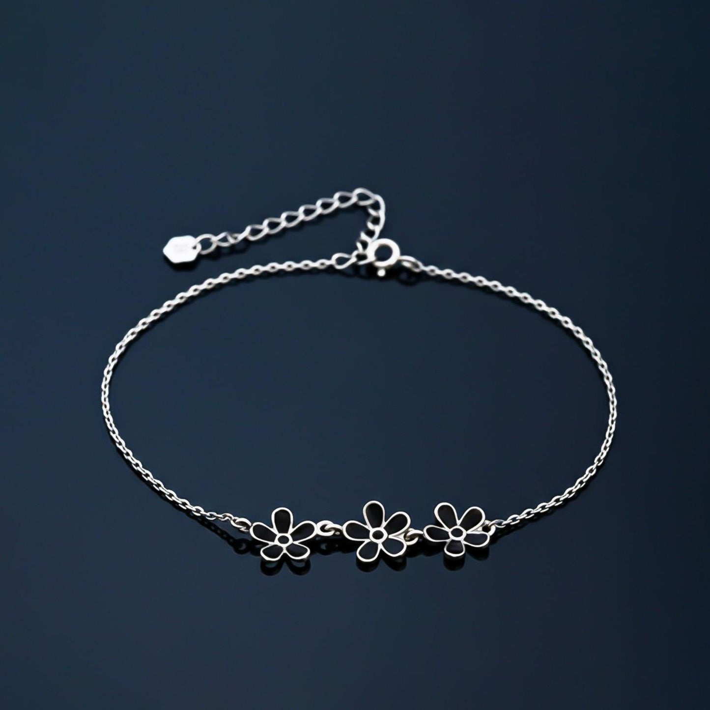 Silver Floral Black Enamel Anklet