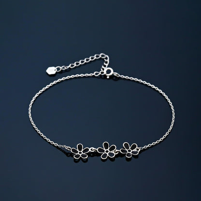 Silver Floral Black Enamel Anklet