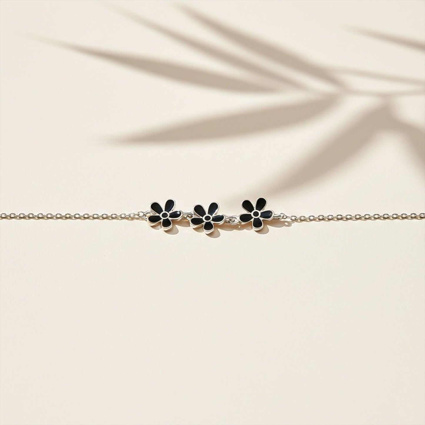 Silver Floral Black Enamel Anklet