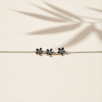 Silver Floral Black Enamel Anklet