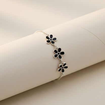 Silver Floral Black Enamel Anklet