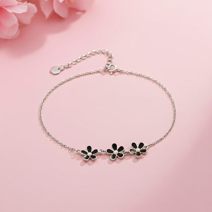 Silver Floral Black Enamel Anklet